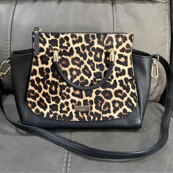 kate spade Handbags - Kate Spade Leopard Print and Black Leather Satchel With Long Strap